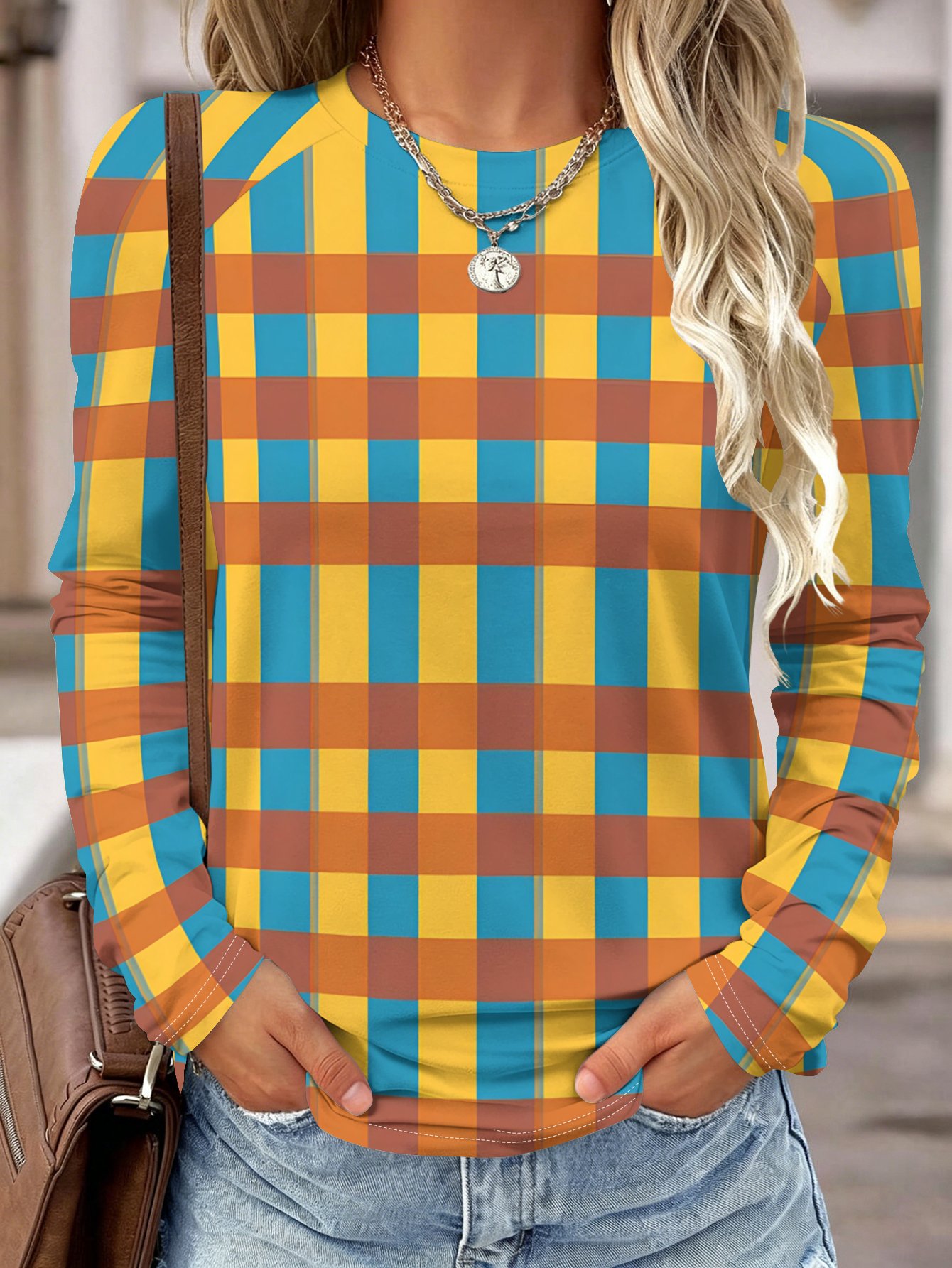 Wallpaper - Damen Langarmshirt Gelb Blau Braun Kariert