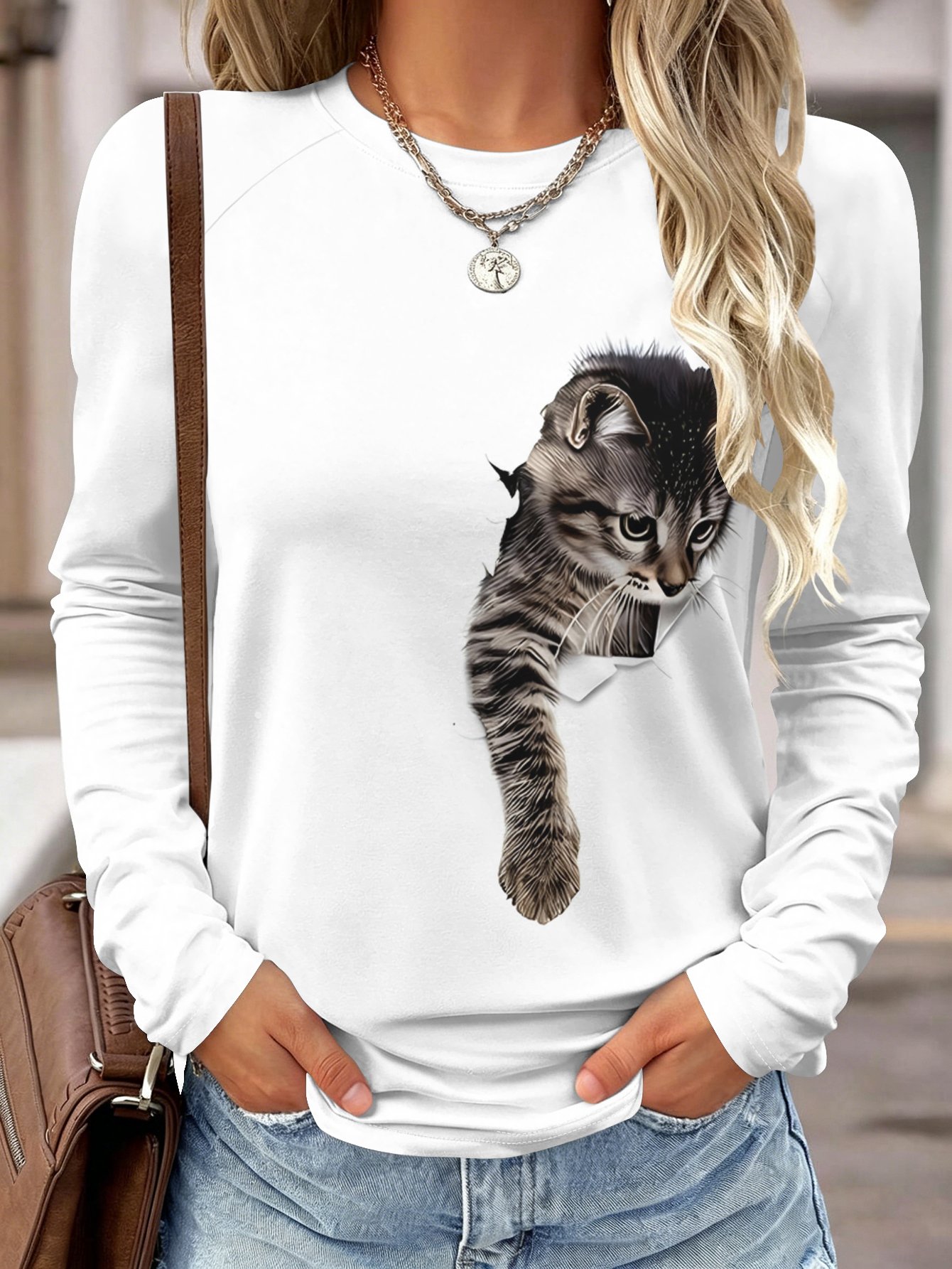 Wallpaper - Damen Langarmshirt mit Tasche, Katzen-3D-Effekt-Druck, Rundhalsausschnitt,