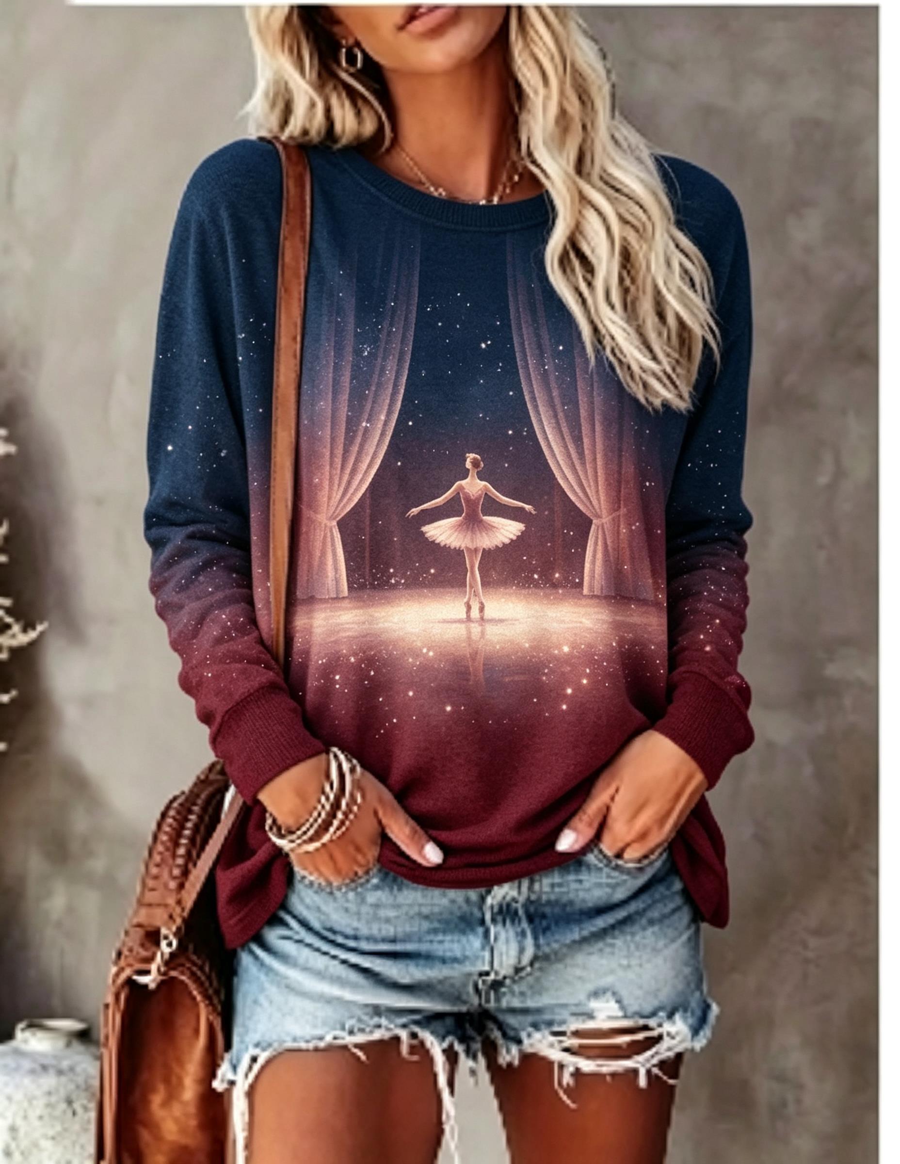 Wallpaper - Damen Langarm-T-Shirt mit Ballett-Tänzerin, Bühnenvorhang, Sternen-Glow-Gradient-Druck