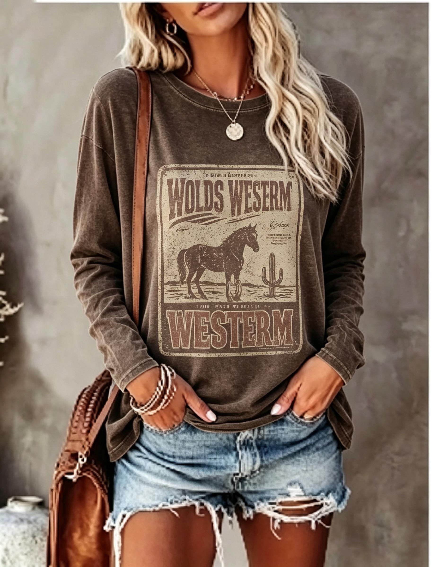 Wallpaper - Damen-Langarm-T-Shirt, Vintage-Western-Pferd-Kaktus-Poster-Print, Rundhalsausschnitt, lässige Herbst-Oberteile